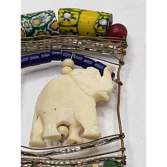 Boho Folk Art Elephant Pendant Mixed Media Beaded Wire Vintage Jewelry Piece - Picture 9 of 11